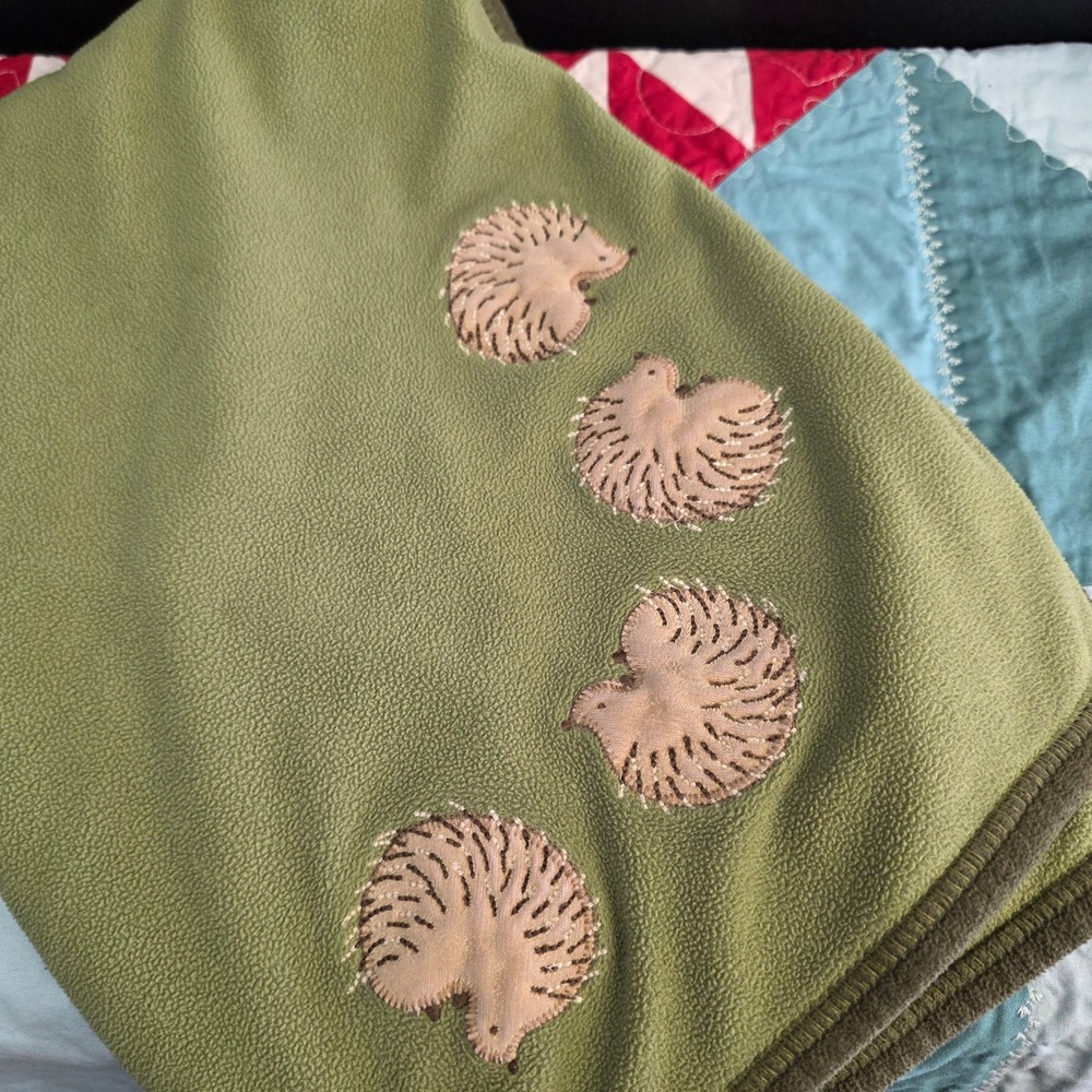 Gymboree Green Fleece Baby Blanket Hedgehog Applique Embroidered Vintage 2003